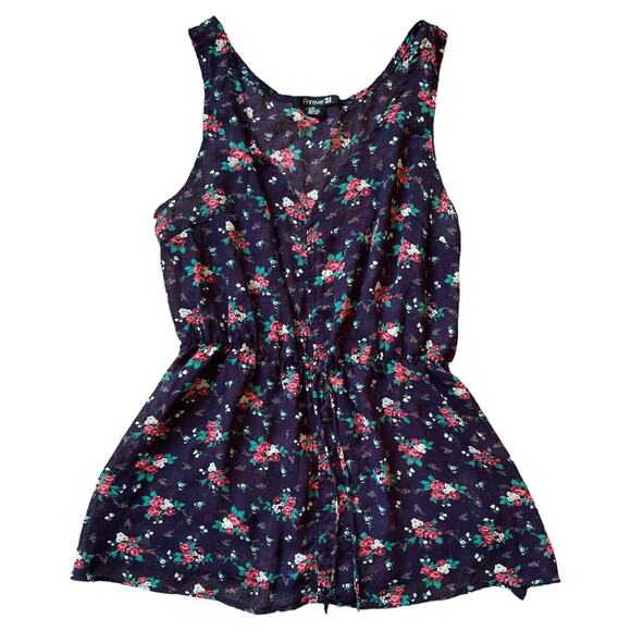 Forever 21 Purple Floral Print V Neck Semi Sheer Top, L - Picture 2 of 6
